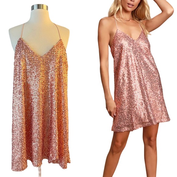 Lulus Dresses & Skirts - LULUs Pink Sequins Mini Dress Swing Cocktail Party Sleeveless V-Neck Medium EUC